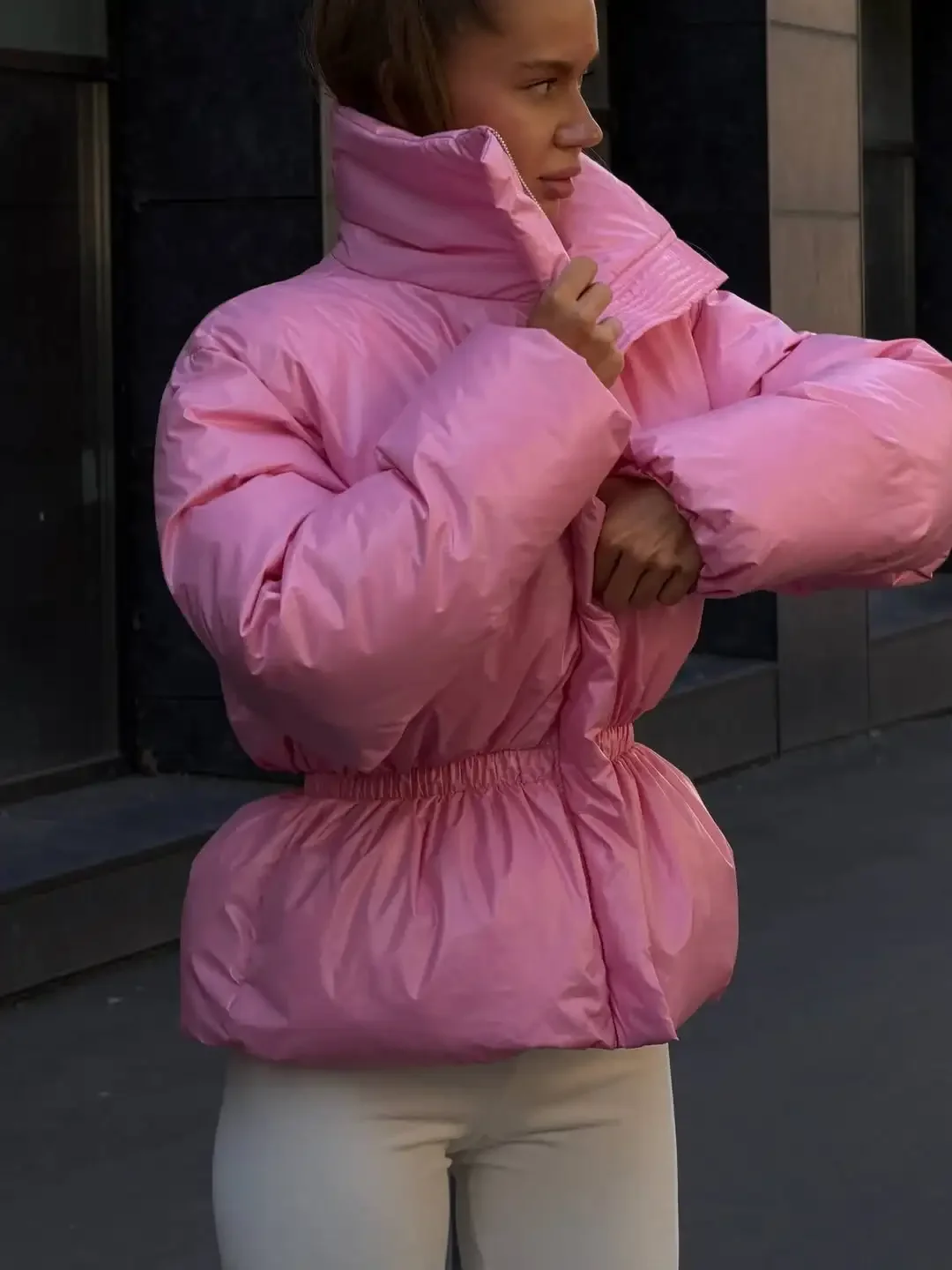 Women Solid Puffer Jacket High Stand Collar Elastic Cinched Waist Peplum Hem Zip Thick Padded Coat Warm Winter Daily Outerwear