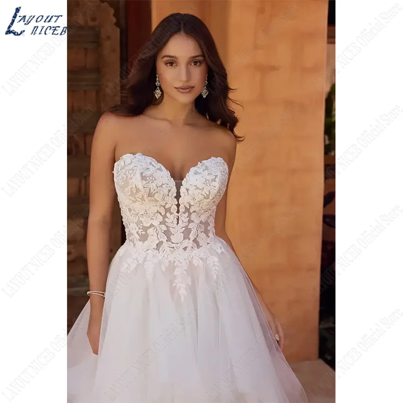 LAYOUT NICEB-vestido de baile clássico para mulheres, vestidos de noiva plus size, vestido de noiva moderno com renda magnífica, trem de varredura