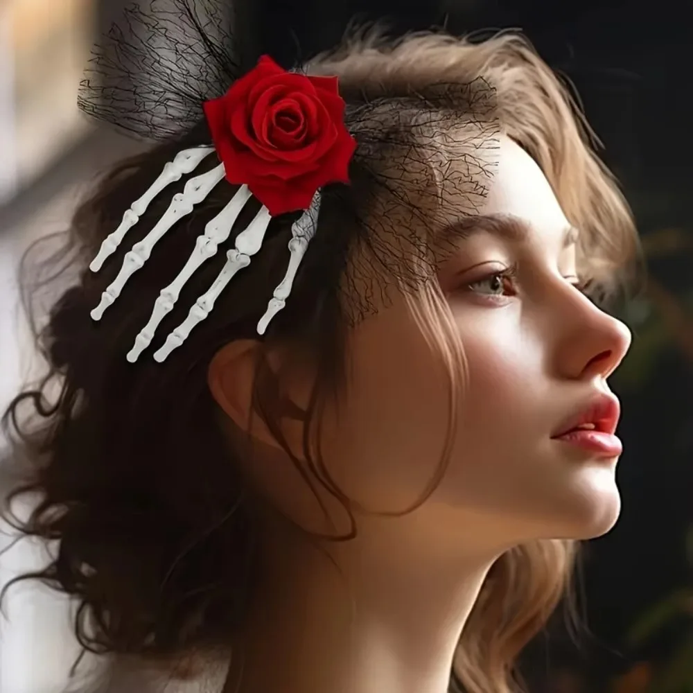 Vintage Gothic Skull Hair Clip with Faux Roses Lace Fashionable Side Hairpin for Party Halloween Decor Everyday Hair Accessories