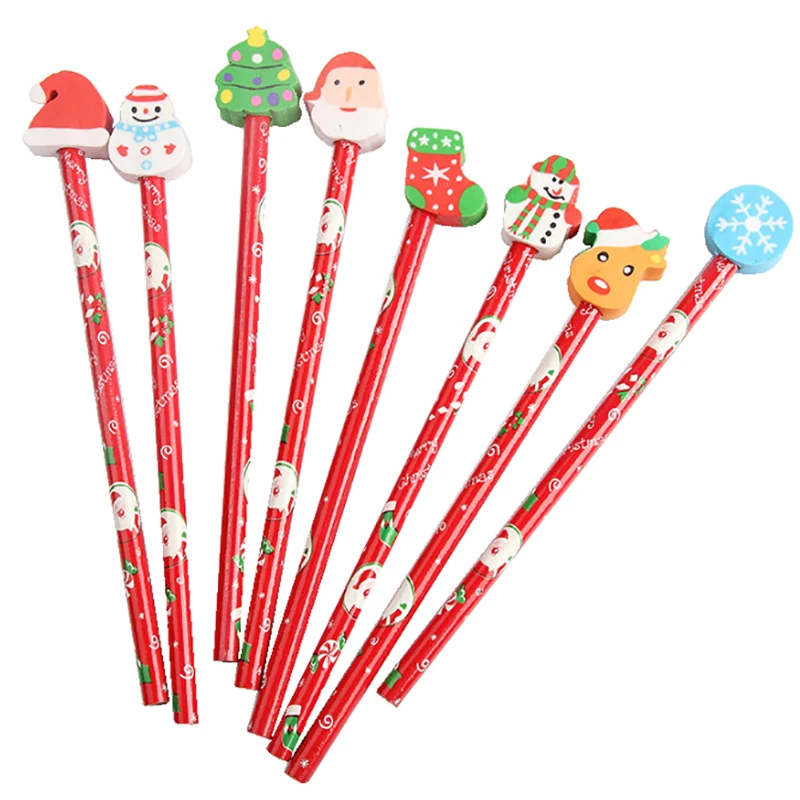 12Pcs/Set 2025 Christmas Gift Pencils for Children School Stationery Supplies Wooden HB Pencils Eraser Topper Pencils Random