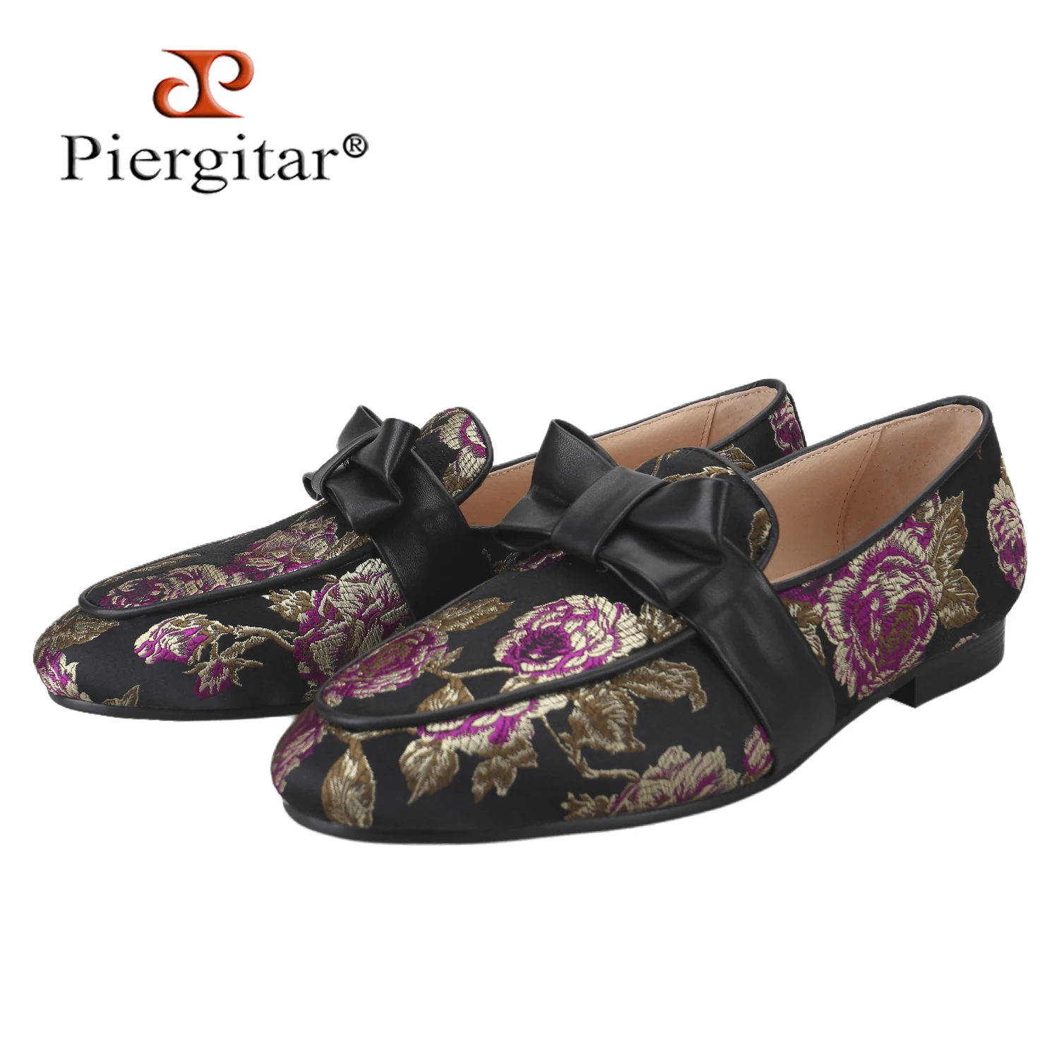 Piergitar New Chinese Style Floral Printed Silk Men's Flats With Handmade Leather Butterfly-Knot Classic Model Slip-On Loafers