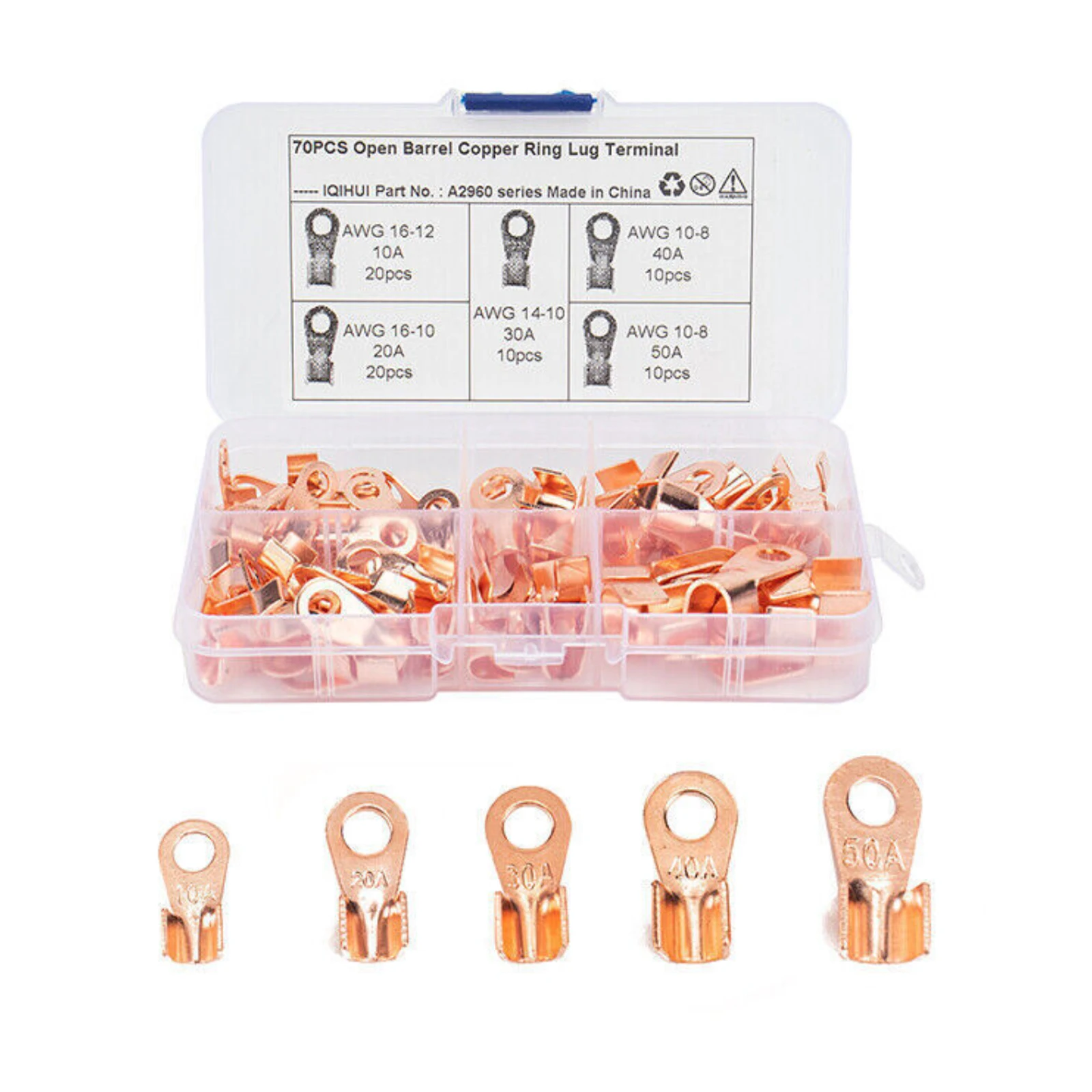 70Pcs Open Barrel Copper Ring Lug Terminals Assortment Kit OT 10A-50A Solderless Wire Crimp Connectors with Box