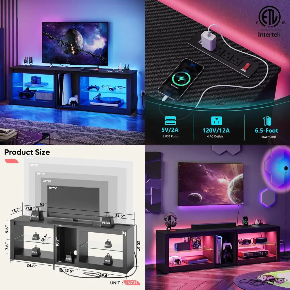 حامل تلفزيون 70 بوصة مع منافذ طاقة، مركز ترفيه LED لوحدات تحكم ألعاب PS5، حامل تلفزيون بأرفف زجاجية