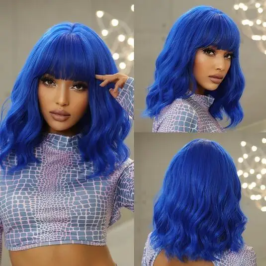 

Синий короткий Косплей Лолита синтетические парики волнистые волосы парик с челкой для женщин натуральный термостойкий Хэллоуин