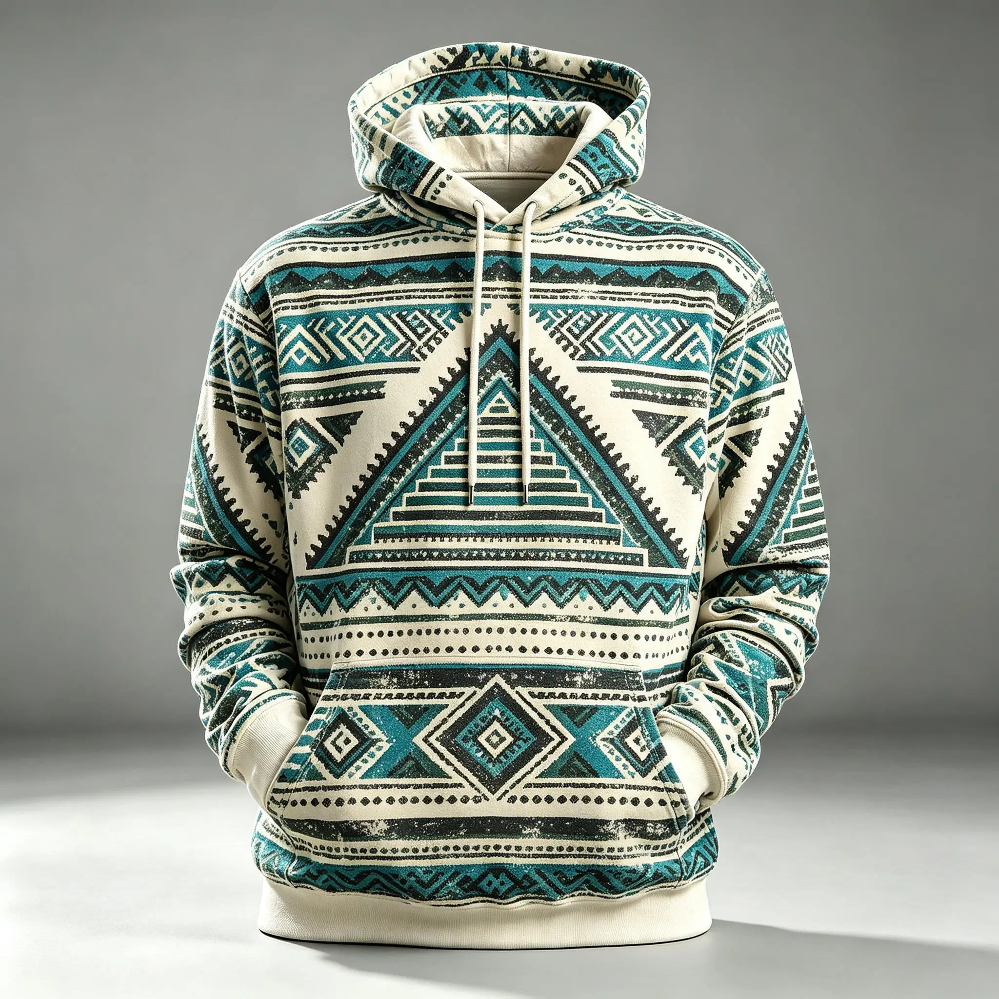 Men's Hoodie Teal Geometric Triangle Totem Print Comfortable Pullover Sweatshirt for Retro Aztec Pattern Theme Daily Wear