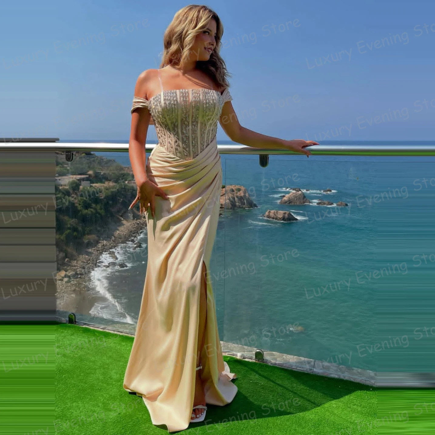 

Luxury Sequined Evening Dresses Woman Mermaid Sexy Party Shiny Prom Gowns Strapless Fashion Vestidos De Novia Customized Gala
