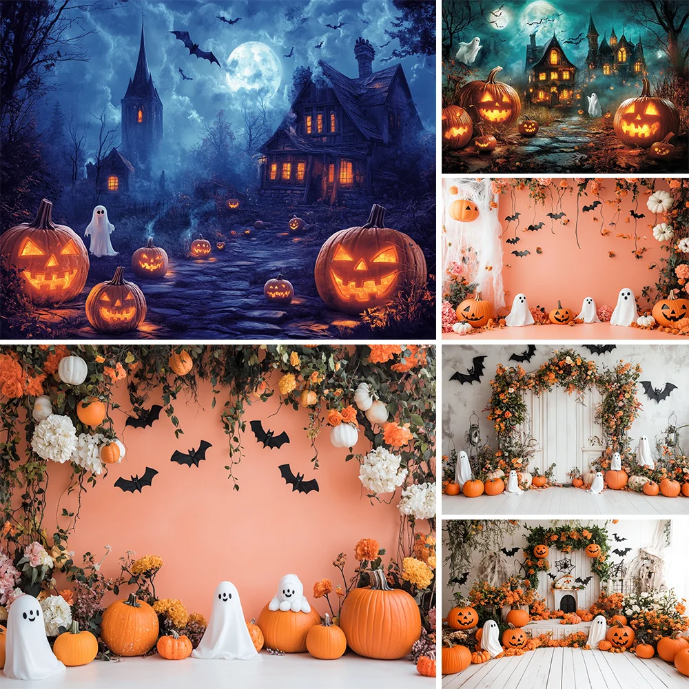 

Cute Halloween Ghost Pumpkin Backdrops Kids Adult Photography Props Purple Bats Big Moon Castle Balloons Backgrounds