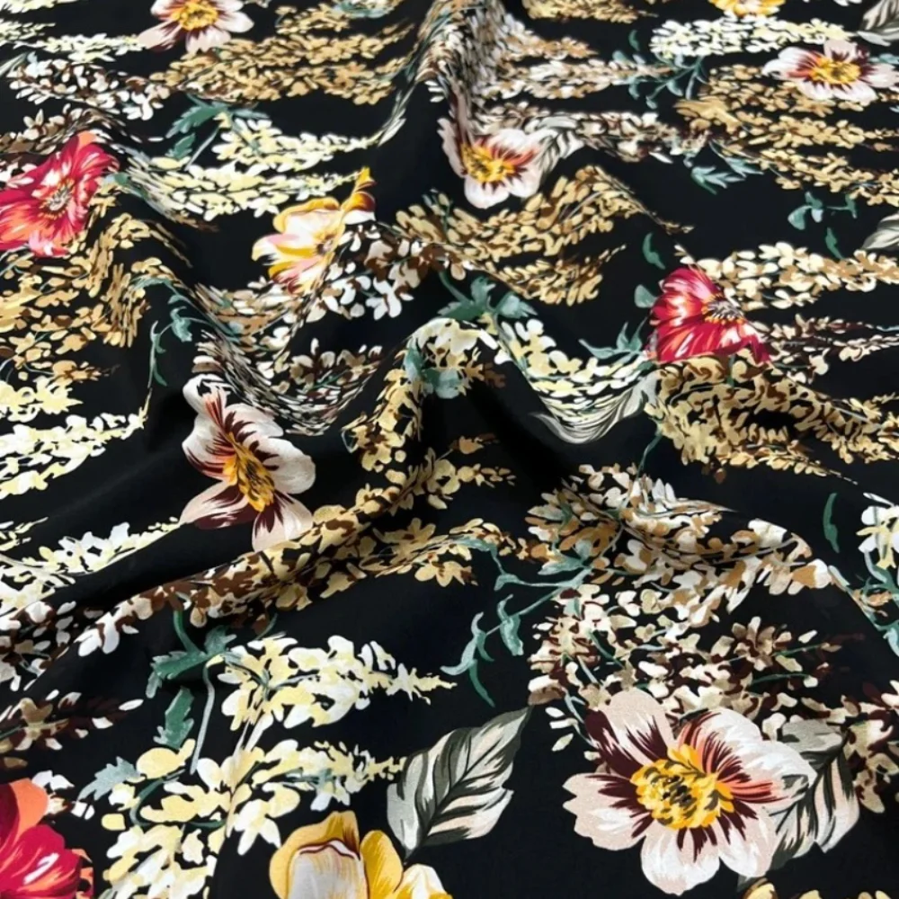 Black Silk Stretch Crepe De Chine Mulberry Fabric Floral Print Spring Summer Shirt Fitted Comfort Dress Sewing Cloth By Meter