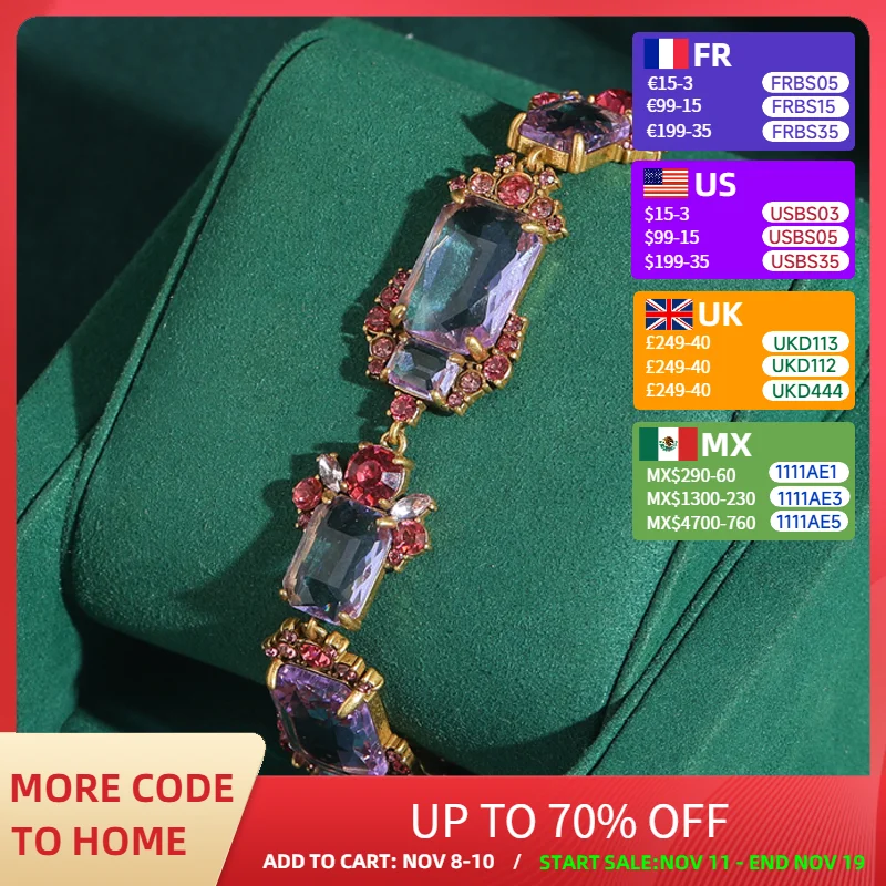 

Vintage Charms Transparent Glass Bracelet Crystal Flower Violet Luxury Gold Color Square Purple Wedding Accessories Women 2025