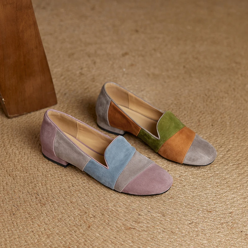 2026 new spring autumn women pumps natural leather plus size 22-25cm kid suede+cowhide+pigskin mixed color loafers women shoes view 6