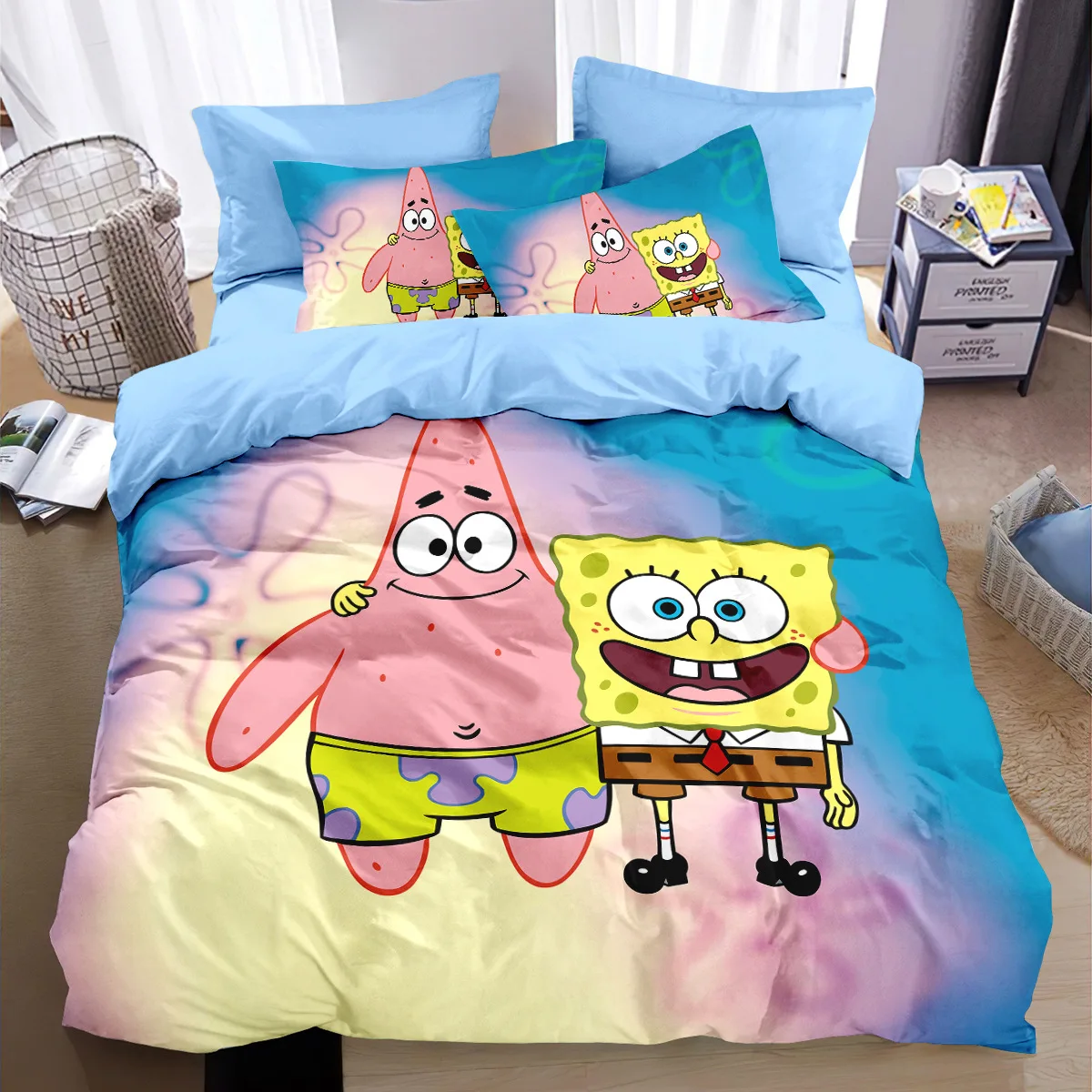 Cartoon 3d Bedding Set Patricks Squidwards Quilt Duvet Cover Pillowcase Bed Set For children and adults