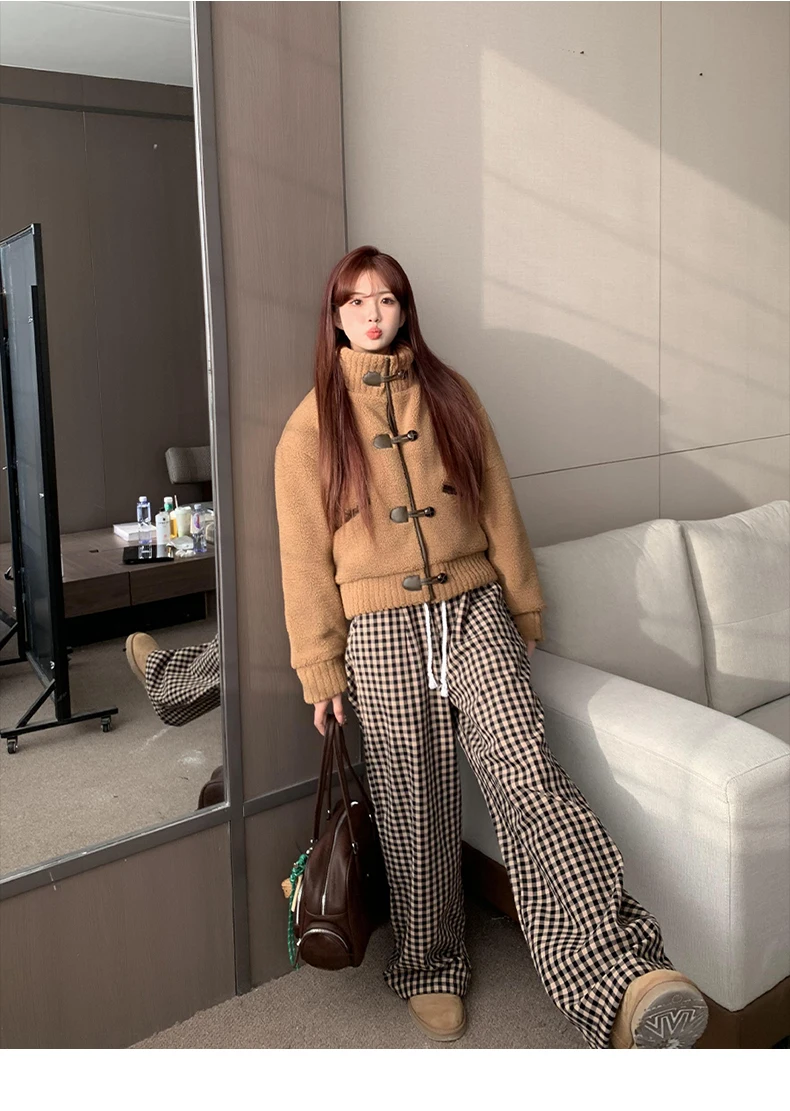 Jaqueta de lã de cordeiro feminina roupas de inverno mulher lona estilo do ensino médio botão detalhe frontal fantasia moda todos os dias ao ar livre pesado gf