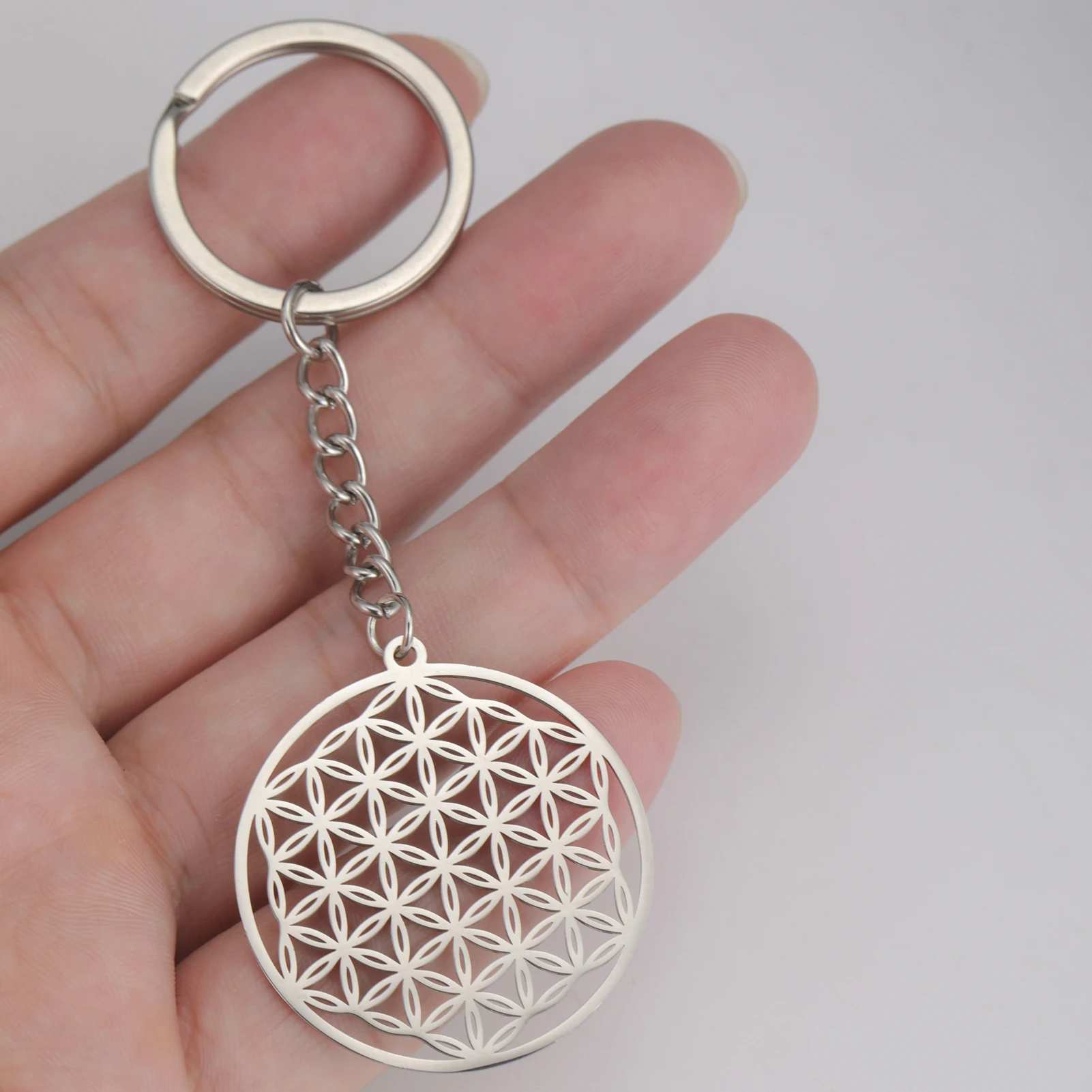 Unift Vintage Flower of Life Mandala Chain Keyring Stainless Steel Key Chain Viking Scared Geometry Jewelry Bag Accessories Gift