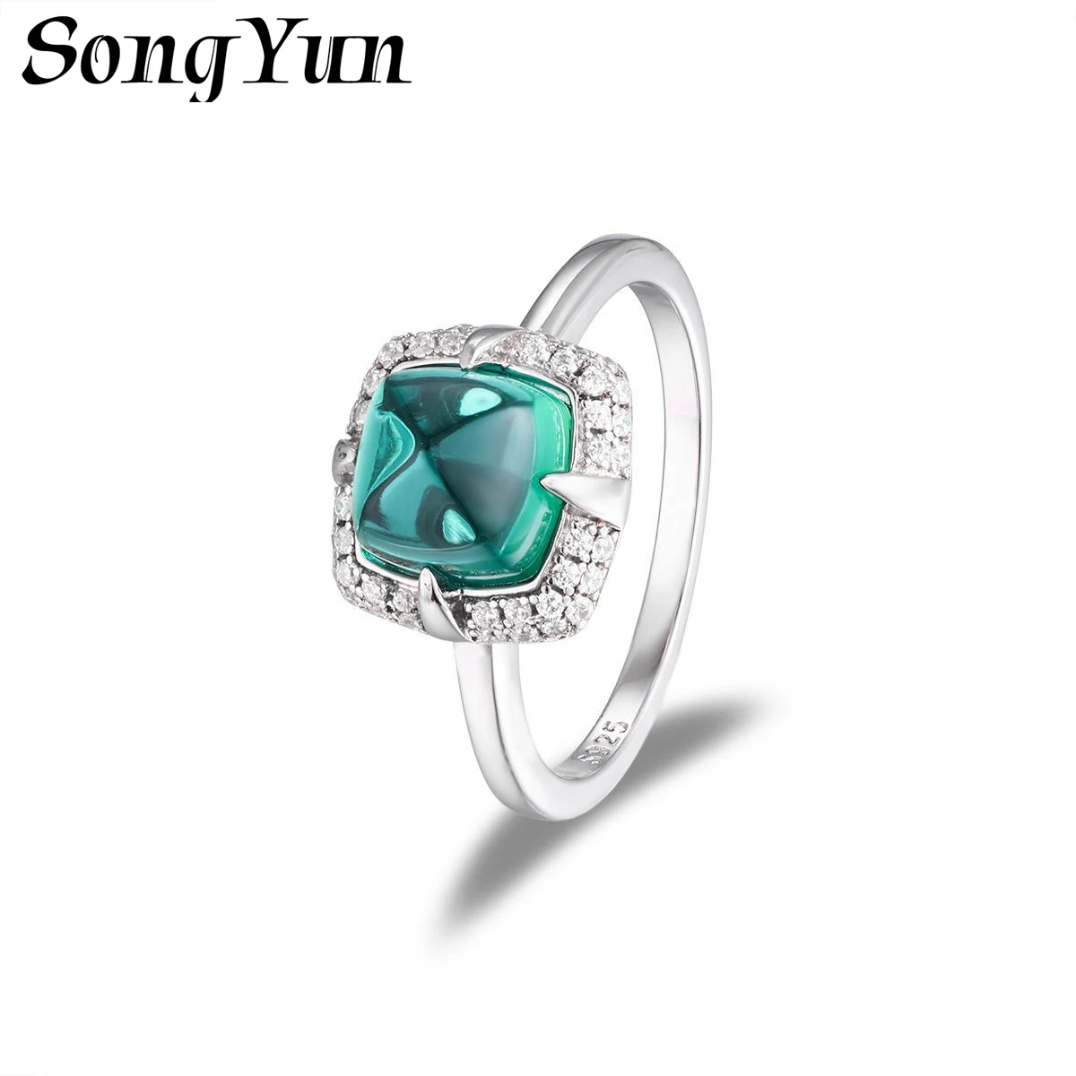 SONGYUN Lab Grown Gemstones Jewelry 7mm Sugarloaf‑Cut 1.5ct Lab‑Grown Emerald Ring S925 Sterling Silver Gold‑Plated
