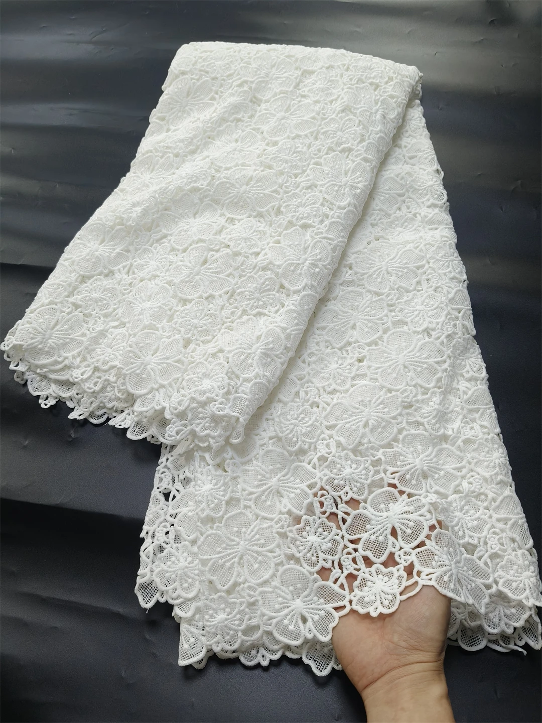 Tecido de renda cordão guipure para festa vestido de noite delicado branco, pele amigável, melhor qualidade, mais recente, U _ GE5318, 5 jardas, 2024