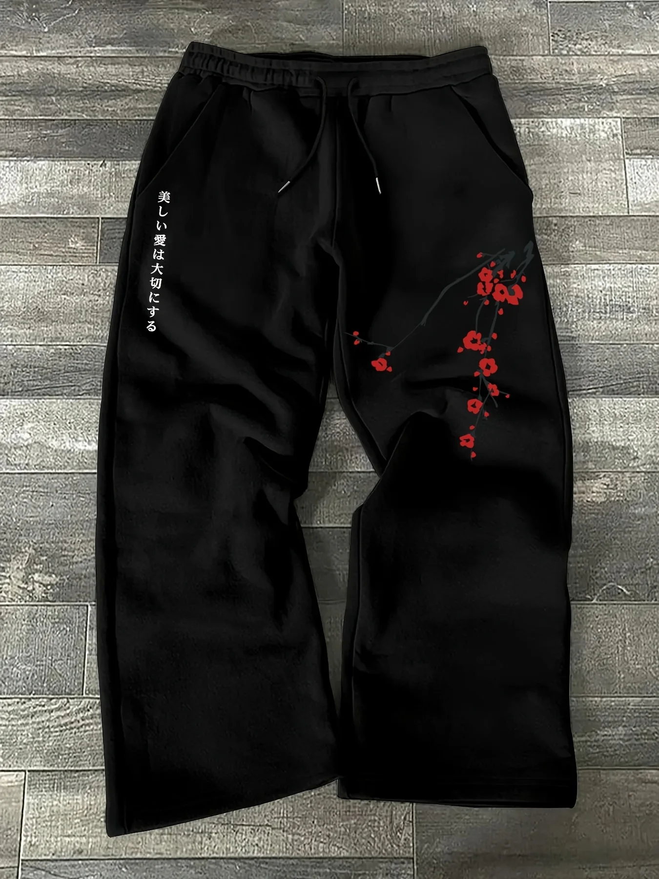 Men's Casual Sports Pants, Plum Blossom Pattern Printed Sweatpants, Drawstring Wide Leg Casual Pants, All Season Casual