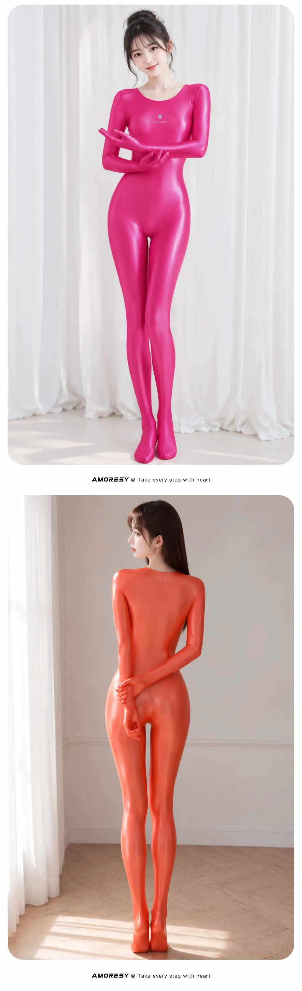 AMORESY dünner, glänzender, ölig glatter, farbenfroher Ganzkörper-Jumpsuit, einfarbig, Rundhalsausschnitt mit Handschuhen, lange Ärmel, Strumpfhose – Detail 4
