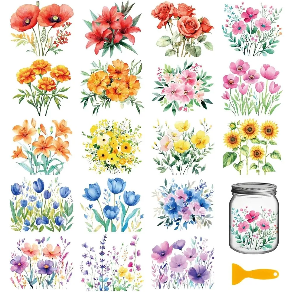 

18 Sheets Artistic Flowers and Plants Transfer Stickers 3.9x3.6inch Decals Stickers Tulips Rub on Transfer for Furniture