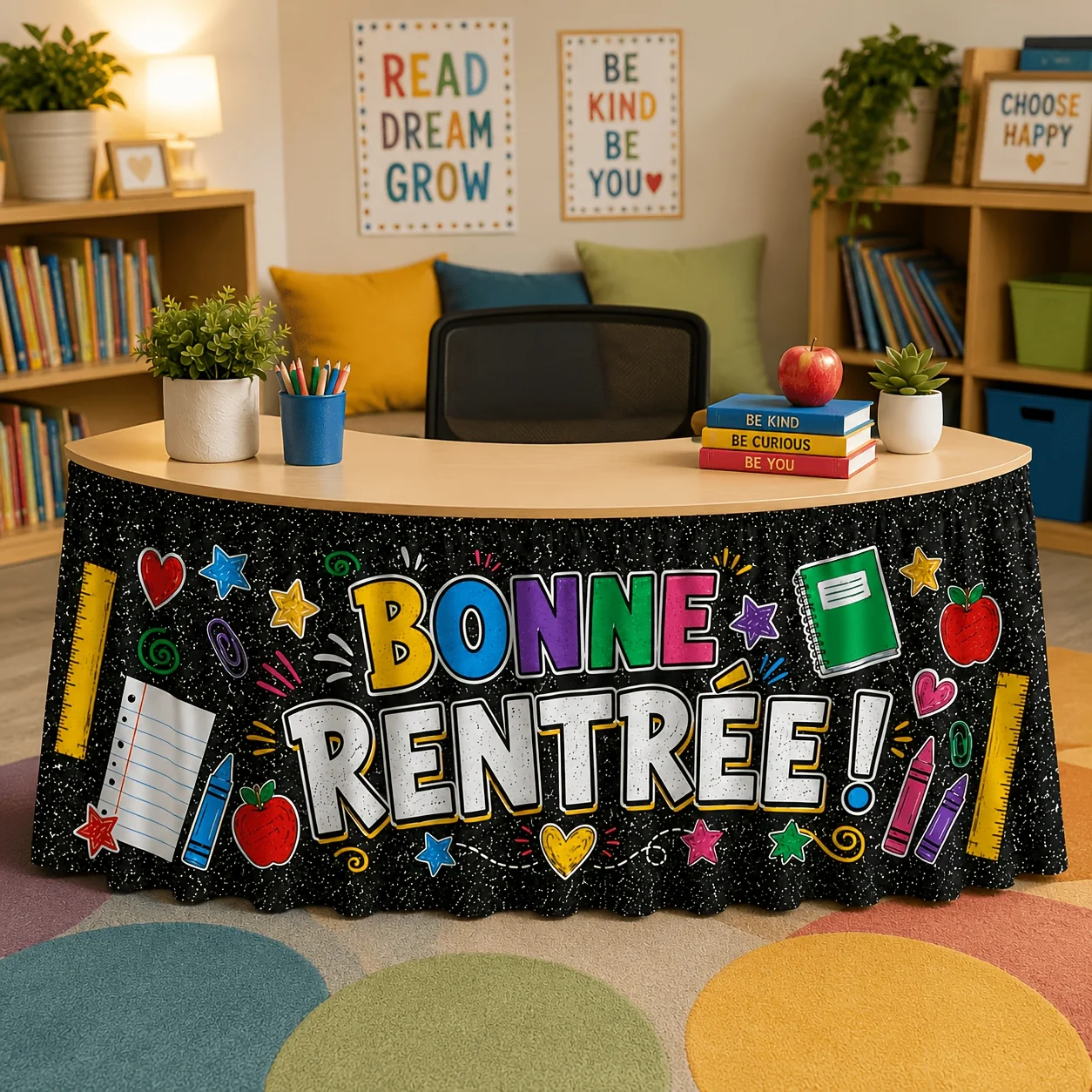 Party table skirt 1 piece. Colorful campus theme table skirt. Suitable for classroom parties.