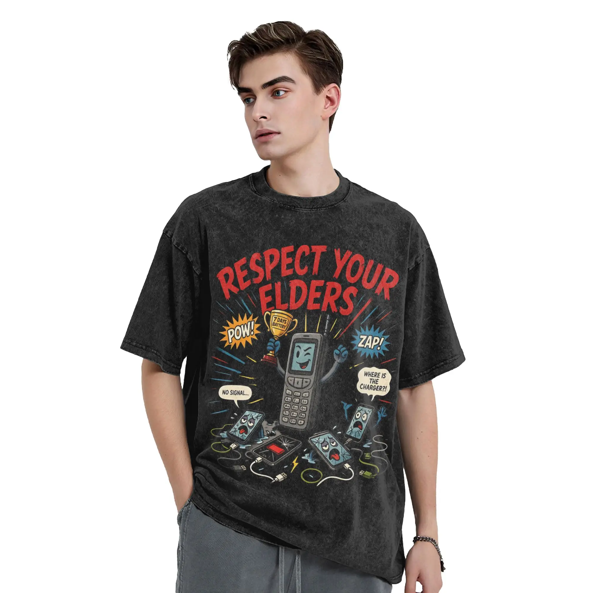 Respect Your Elders Phone  Vintage Washed T-Shirts Funny Pure Cotton Tees Round Neck Short Sleeve T Shirt Birthday Gift Clothing