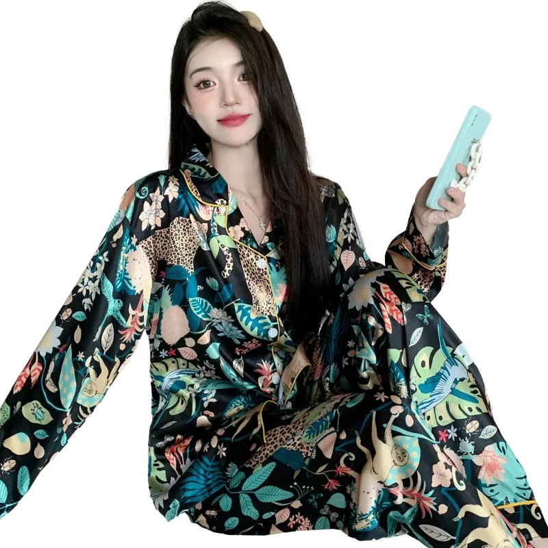 Autumn Winter Pajamas for Women New Satin Silk Long Sleeved Long Pants Cardigan Pajama Woman Home Wear Leaf Print Pijamas