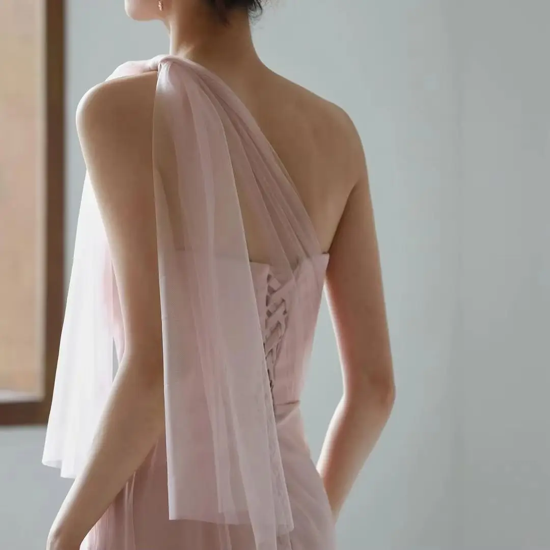 MD Elegant Pink A-line Wedding Dresses Strapless Crepe Satin Korea Photoshoot Floor Length Reception Dress Customized Prom Gowns