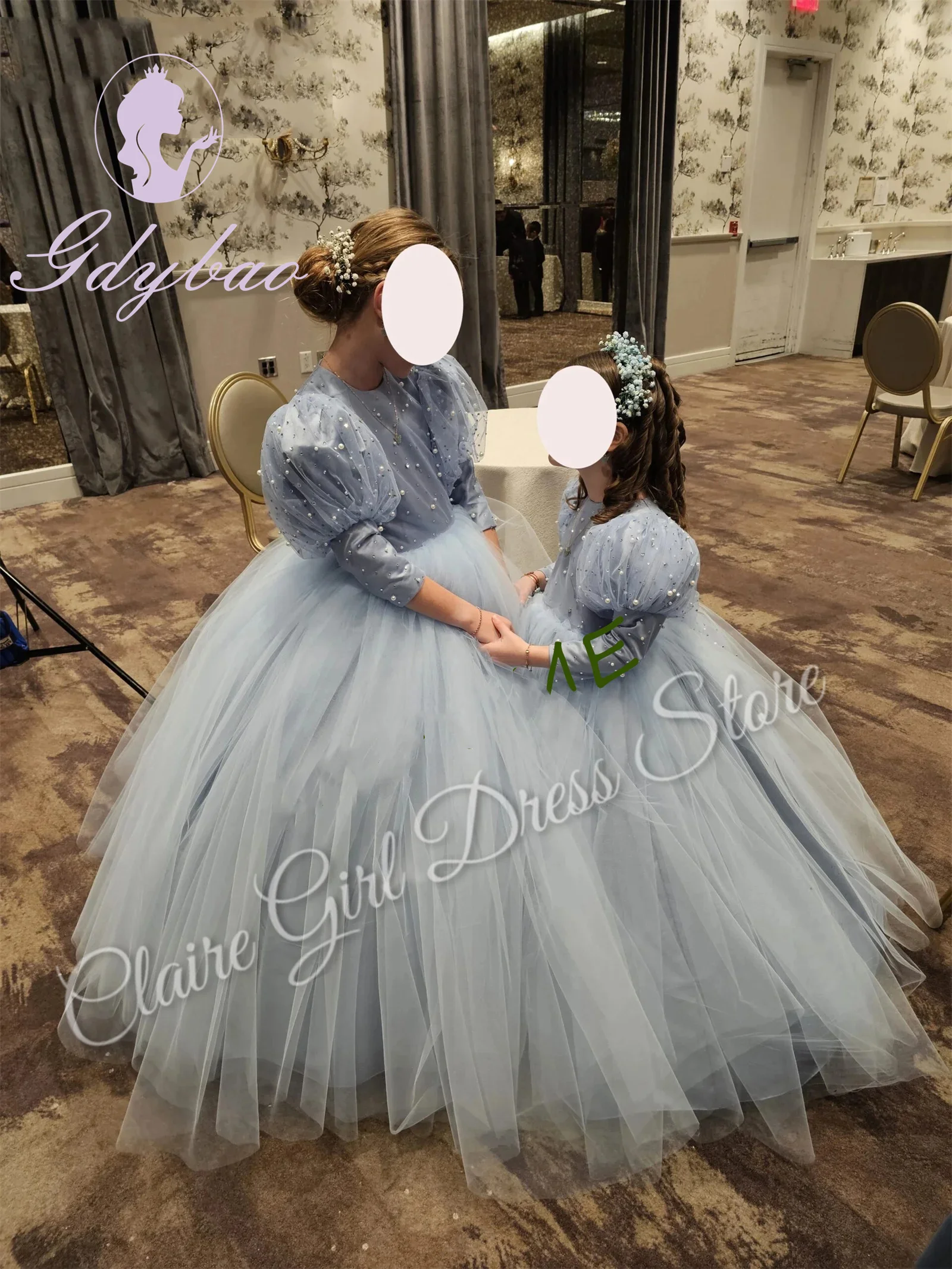 Vestidos elegantes personalizados para niña, vestidos de flores para boda, perlas, largo hasta el suelo, fiesta de cumpleaños de princesa hinchada, vestido de baile de primera comunión