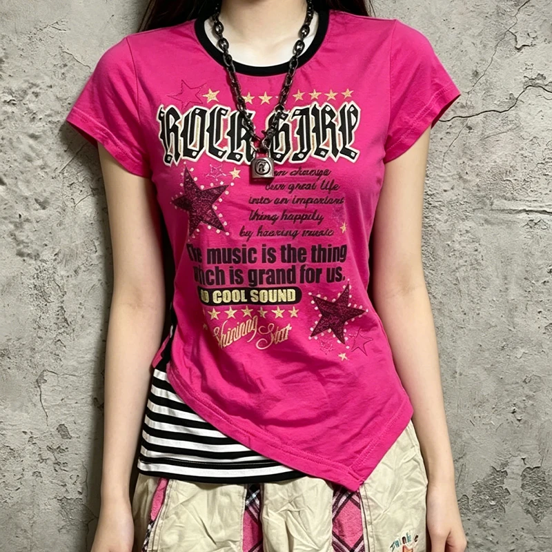 Y2K Summer Fake Two Pieces Casual T-Shirts Aesthetic Irregular Patchwork Tops Women Vintage Letter Print Grunge Harajuku Tees view 3