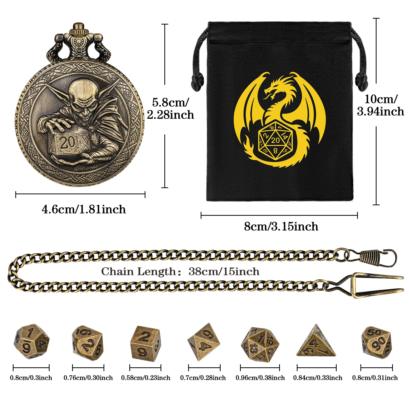 5pcs Bronze/Grey Black D20 Alloy Metal Pocket Watch Case Tiny Polyhedral Dice Set Accessories Gift for Role-playing Game Lovers