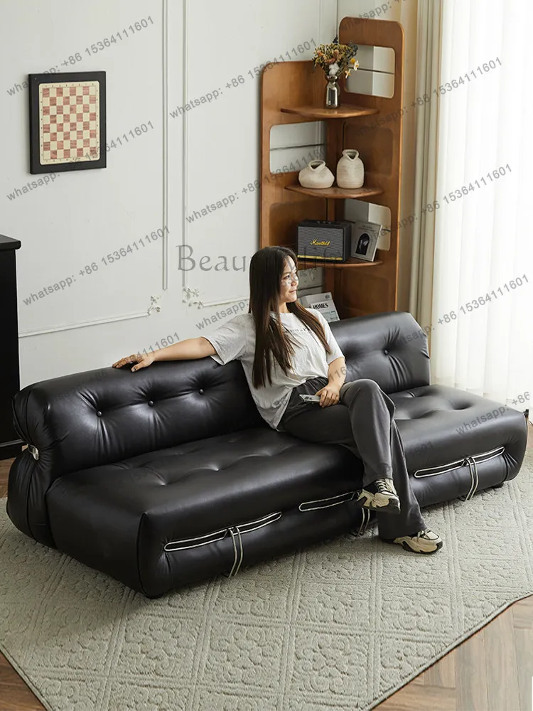 Italian leather sofa living room small apartment modern simple medieval double straight row