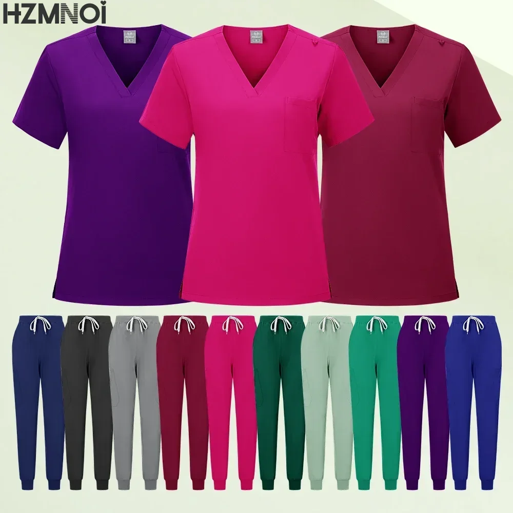 Scrubs Uniform Suit Short Sleeve V-neck Tops+jogger Pants Set Nursing Uniform Women Multicolor Pet Doctor Scrub Medical Workwear