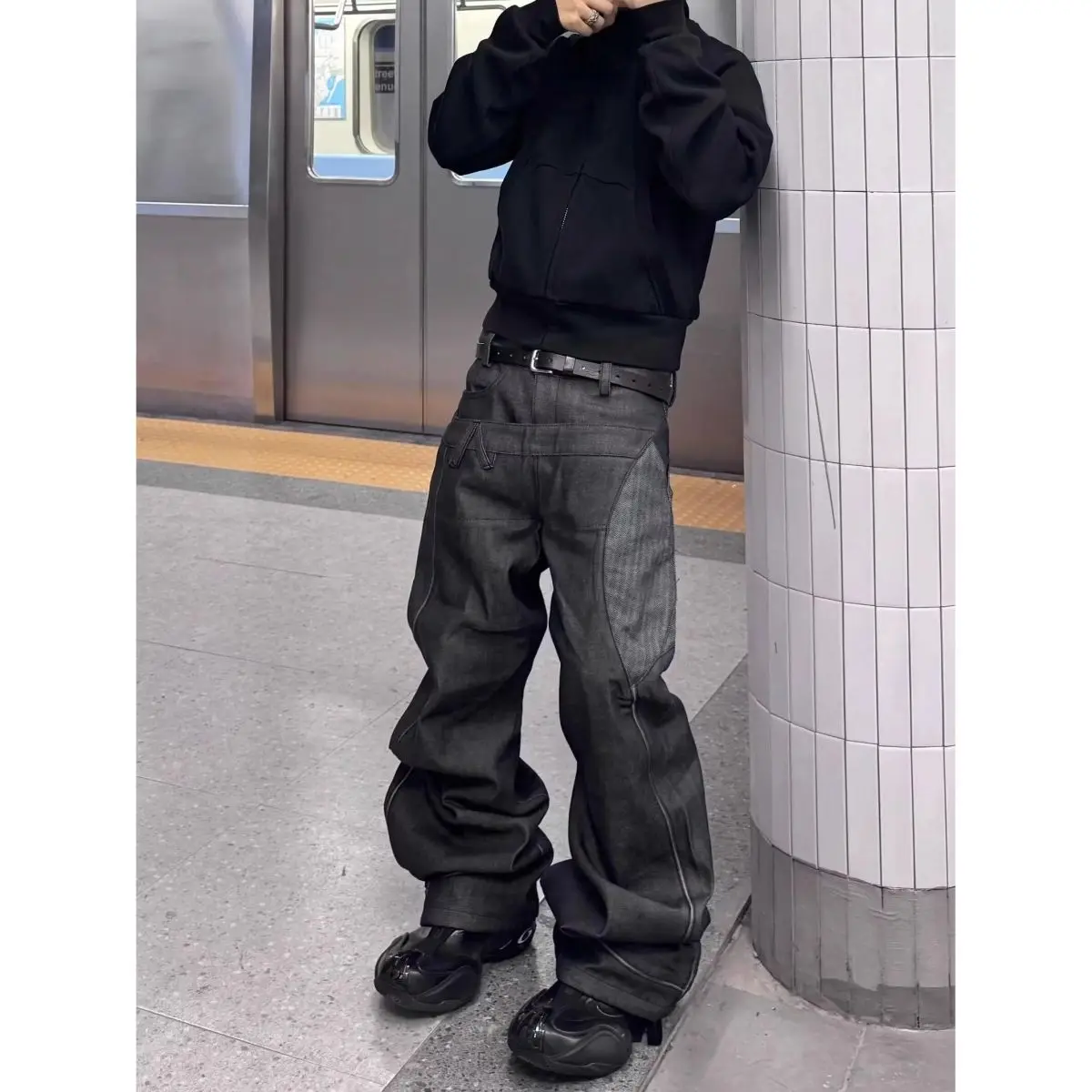 Men's Patchwork Design Vintage Thin Jeans Spring Street Trousers Young Boys Sweatpants Male Straight Loose Casual Wide Leg Pants
