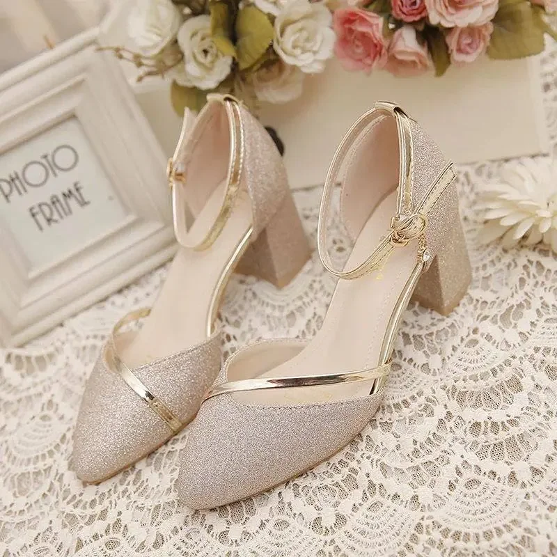 2023 Summer High Heel Sandals Lady Pumps Classics Slip on Shoes Sexy Sequins Women\'s New Party Shoes Gold Silver Wedding Footwea