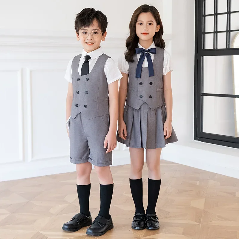 Boys Summer School Uniform Vest Shirt Shorts Girls Waistcoat Skirts Kids Kindergarten Dress Clothes Sets Child Students Outfits