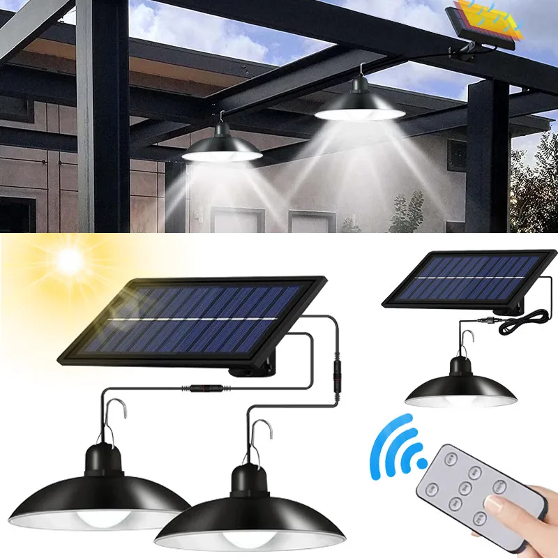 IP65 Waterproof Double Head Solar Pendant Light Outdoor Indoor Solar Chandelier Solar Lamp with Remote Control for Garden Room