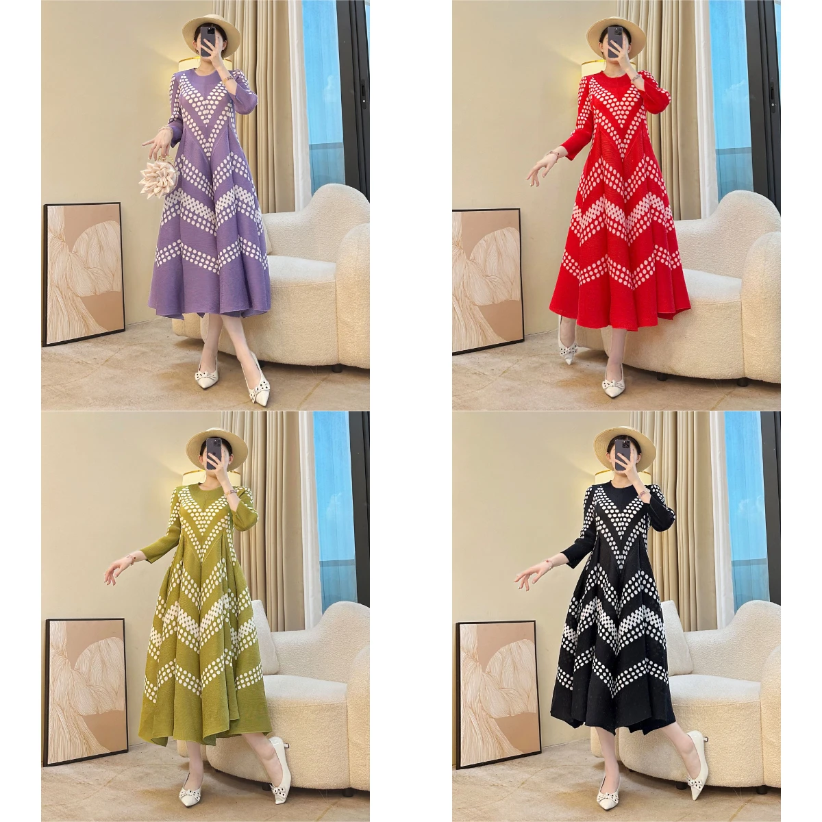

Miyake Fold 2025 Spring/Summer New Fashionable Elegant Dress Fashionable French Art Retro Long Sleeve Round Neck Long Dress