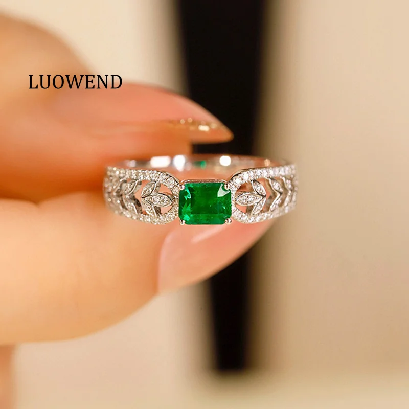 LUOWEND 100% 18K White Gold Rings Fashion Simple Style Luxury Diamond Jewelry Natural Emerald Ring for Women Senior Banquet