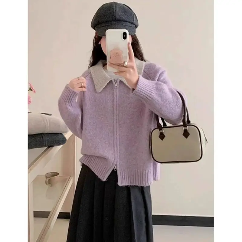 

Autumn Winter New Color Collision Collar Open Cardigan Soft Cozy Knitted Sweater Coat Women's Lazy Style Fashion Design