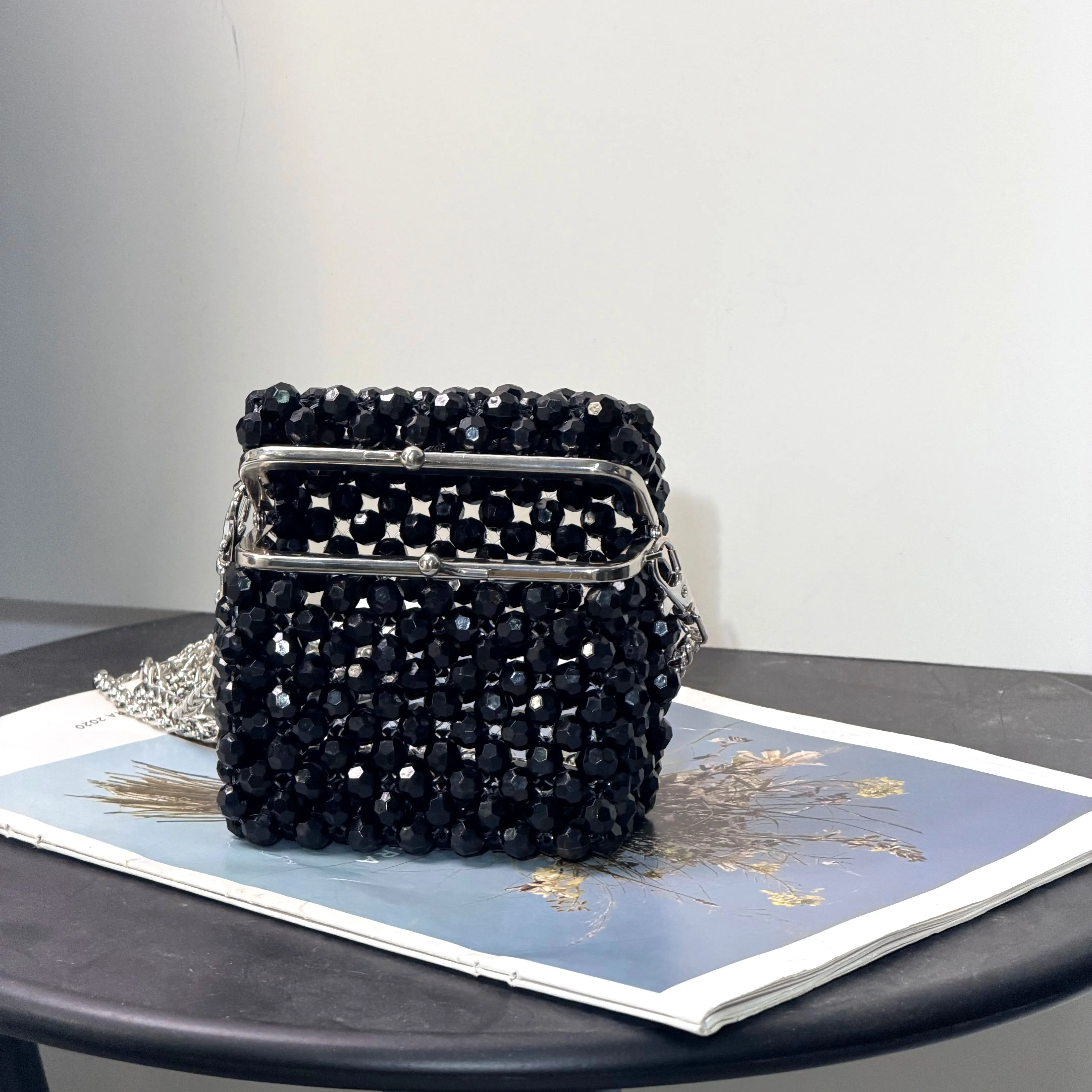 Vintage Black Beaded Clutch Bag with Chain Elegant Evening Party Crossbody Luxury Brand Purse for Women Designer Bags view 4