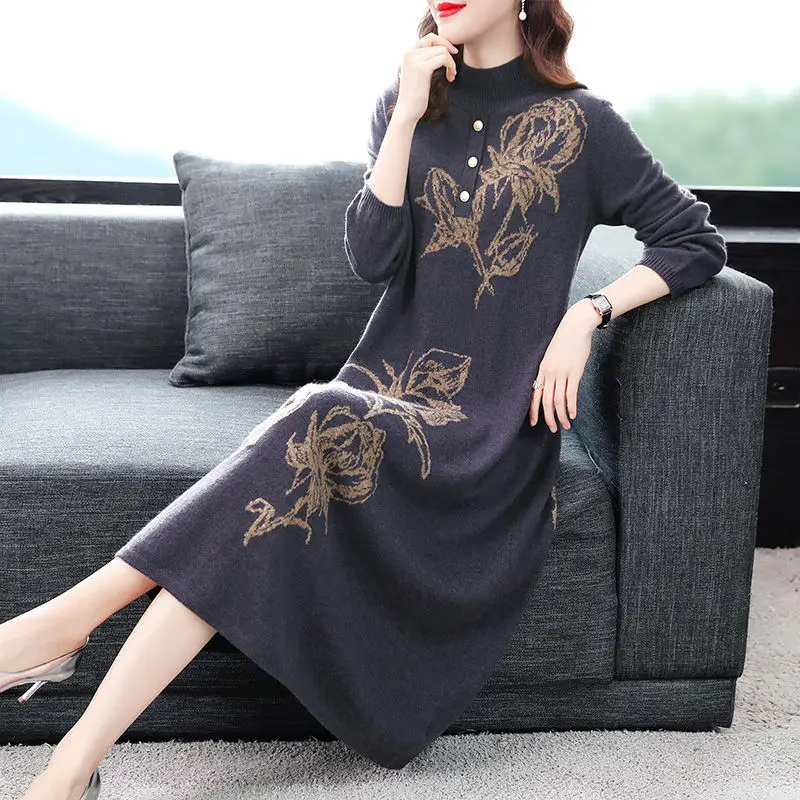Vestido de punto Jacquard de gran tamaño para mujer, Cuello medio alto, hasta la rodilla, Vintage, botones, parte inferior