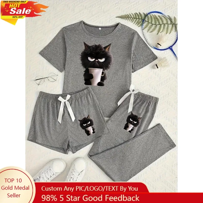 

Women's Cartoon Cat Print Pajama Set, 3 Piece Sleepwear Collection, Casual Fitted Nightwear for All Seasons