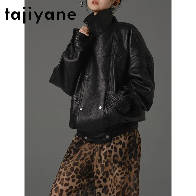 TAJIYANE Natural Bubble Sheepskin Leather Jacket Woman Mid Length Outerwear Leather Coat Biker Jackets for Woman Jaqueta Black