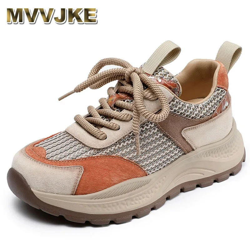 

4cm Summer Air Mesh Breathable Casual Sneakers Women Genuine Leather Mixed Colors Lace-Up Lightweight Thick Sole Shoes Lady