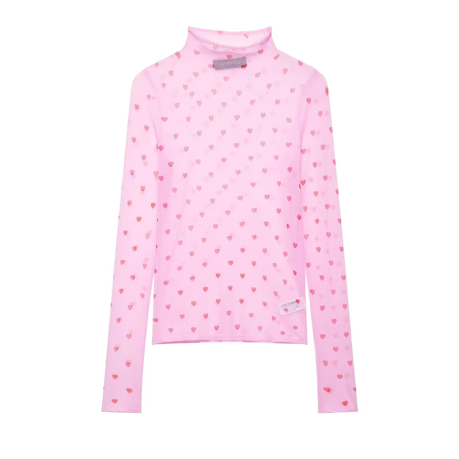 HH Women Fashion Stand Collar Translucent Love-Shaped Printed Fine Knitted Top T-shirt Female Sexy Pure Lust Style 2-Color Tops