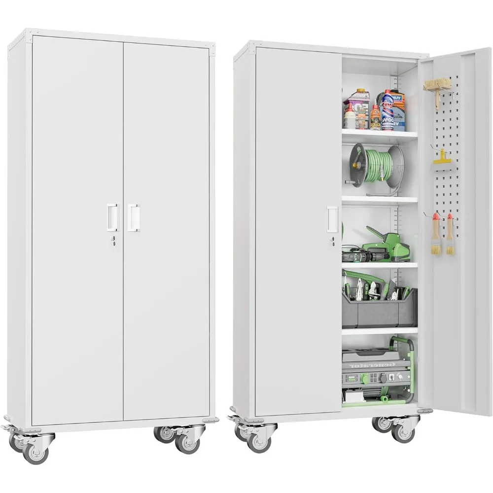 

Metal Garage Cabinets with Wheels, 72" Rolling Storage Cabinet with Pegboards and Shelves, Tall Tool Cabinet with Locking Doors