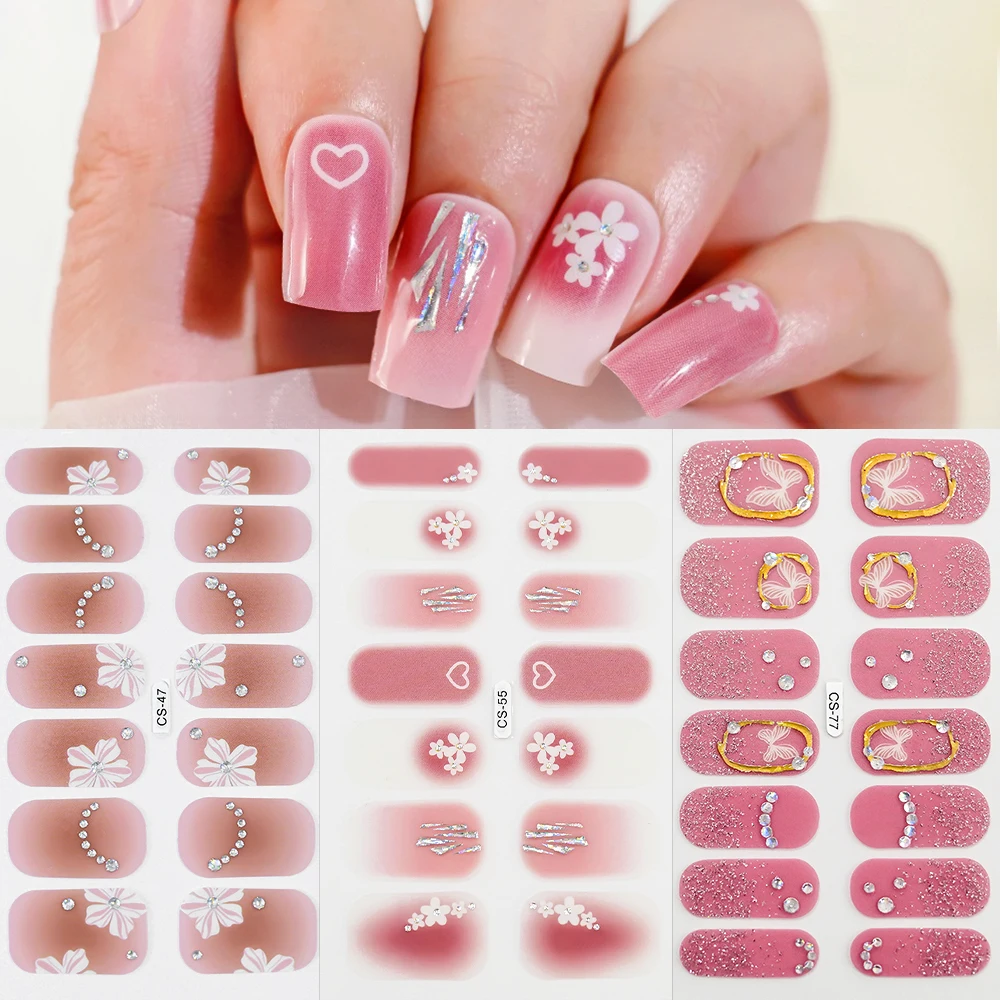 90Styles 14tips Full Wrap Nail Polish Stickers Rhinstone French Desig Flower Nail Strips Baking Free Adhesive Gel Nail Strips Y2