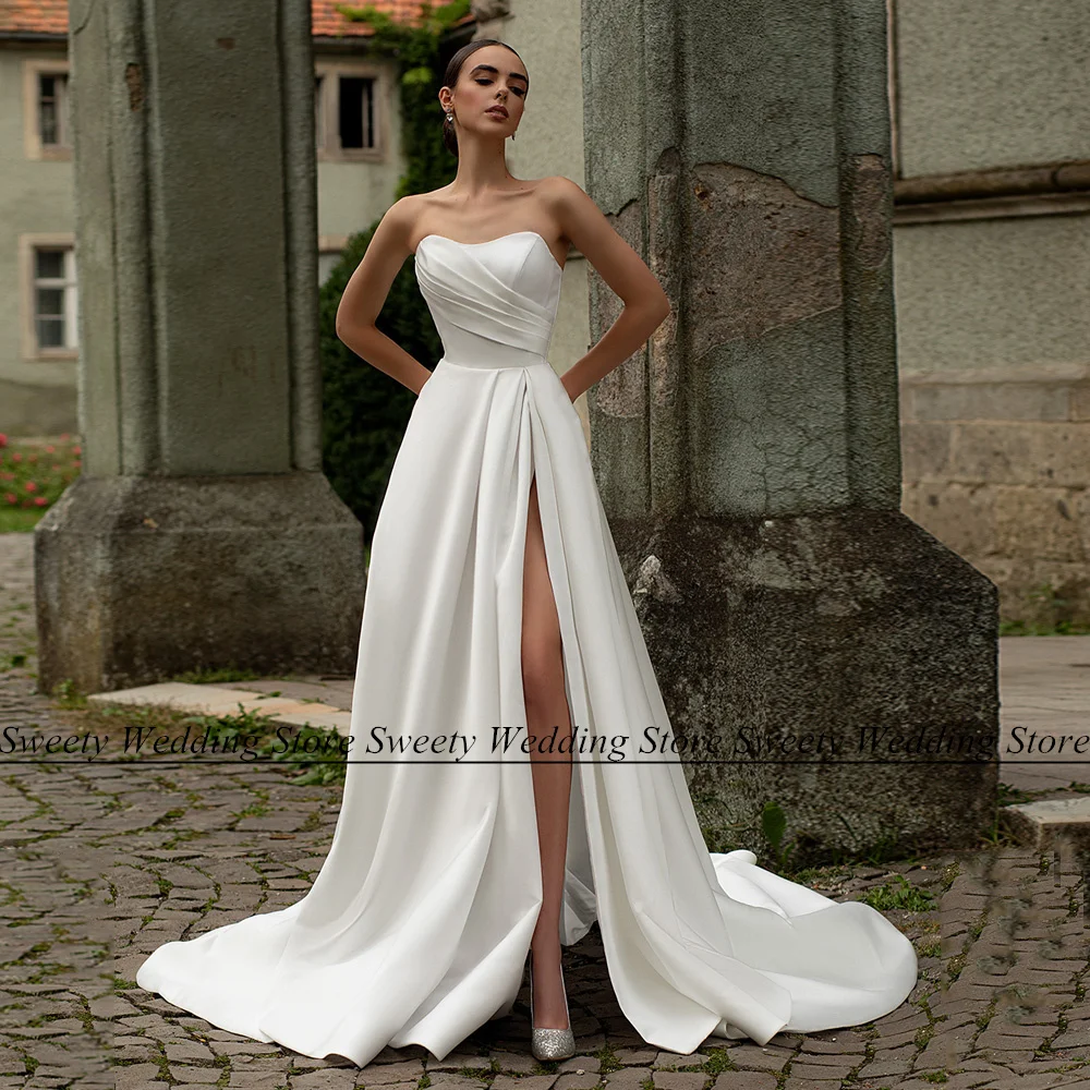 

Robe De Mariee Satin Wedding Dress Sleeveless Sweetheart Pleat Ruched Sweep Train Bride Dresses A Line Women Bridal Gown