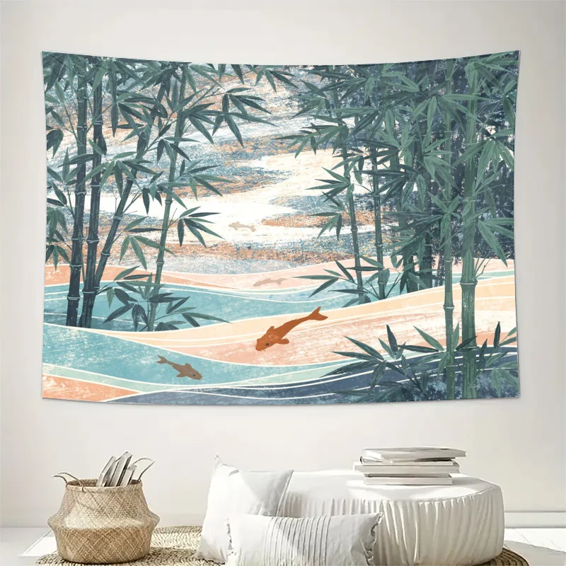 Large Bamboo Forest Landscape Tapestry Wall Hanging Decor for Modern Home Japandi Jungle Art Prints Wall Artwork Koi Fish Backgr