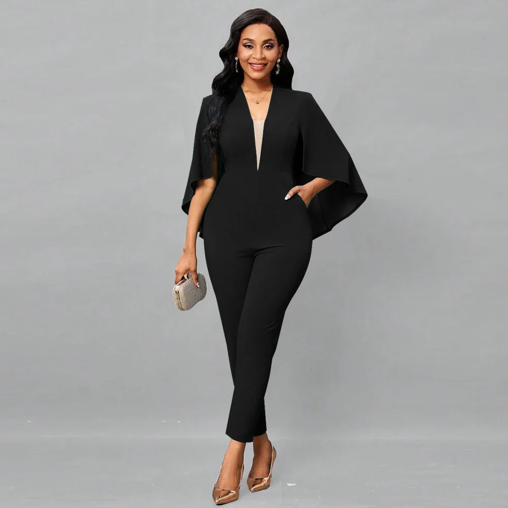 Women Short Bat Sleeve Jumpsuits Skinny Pant One Piece 2024 Solid V Neck Tight High Waist Ropmers Elegant Office Ladies Clothes