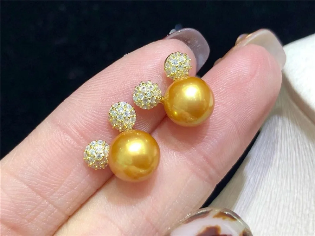 

Amazing AAA++ 9-10mm Nature south sea Round golden Real Pearl Earrings Silver 925s